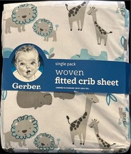 Gerber Woven Fitted Crib Sheet, Zoo Animals With Turquoise Accents- NWT