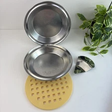 2 Stainless Pie Pans Plates No Drip Rim Juice Catcher 9” Vollrath 6280 4pc Set