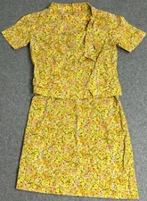 Vintage NELLY DON Women's Floral 2 Piece Set Sz M Yellow Tie Collar 80’s Y2k