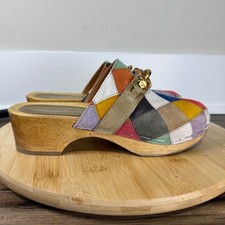 Tory Burch Patchwork Clog Women 6.5M Multicolor Suede Wood Platform 70s Style