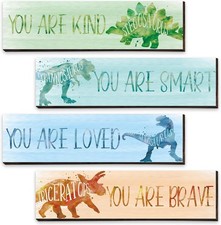 4 Pcs Dinosaur Room Decor for Boys, Inspirational Posters Wall Plaque for Kids B