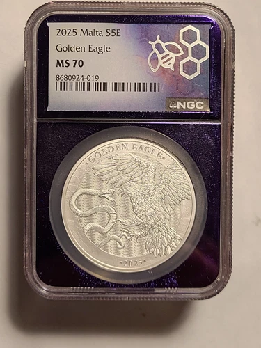 2025 Malta S5E Golden Eagle MS 70 .9999 Silver - Trader Bea Purple Core