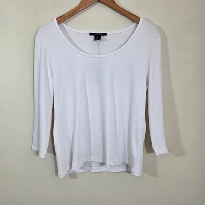 Tahari Women Ribbed Knit Top Scoop Neck 3/4 Sleeve White Casual Blouse Size L