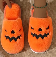 Women's Halloween Pumpkin Slippers Orange Red Jack O Lantern Cozy Slip-On 8. 5-