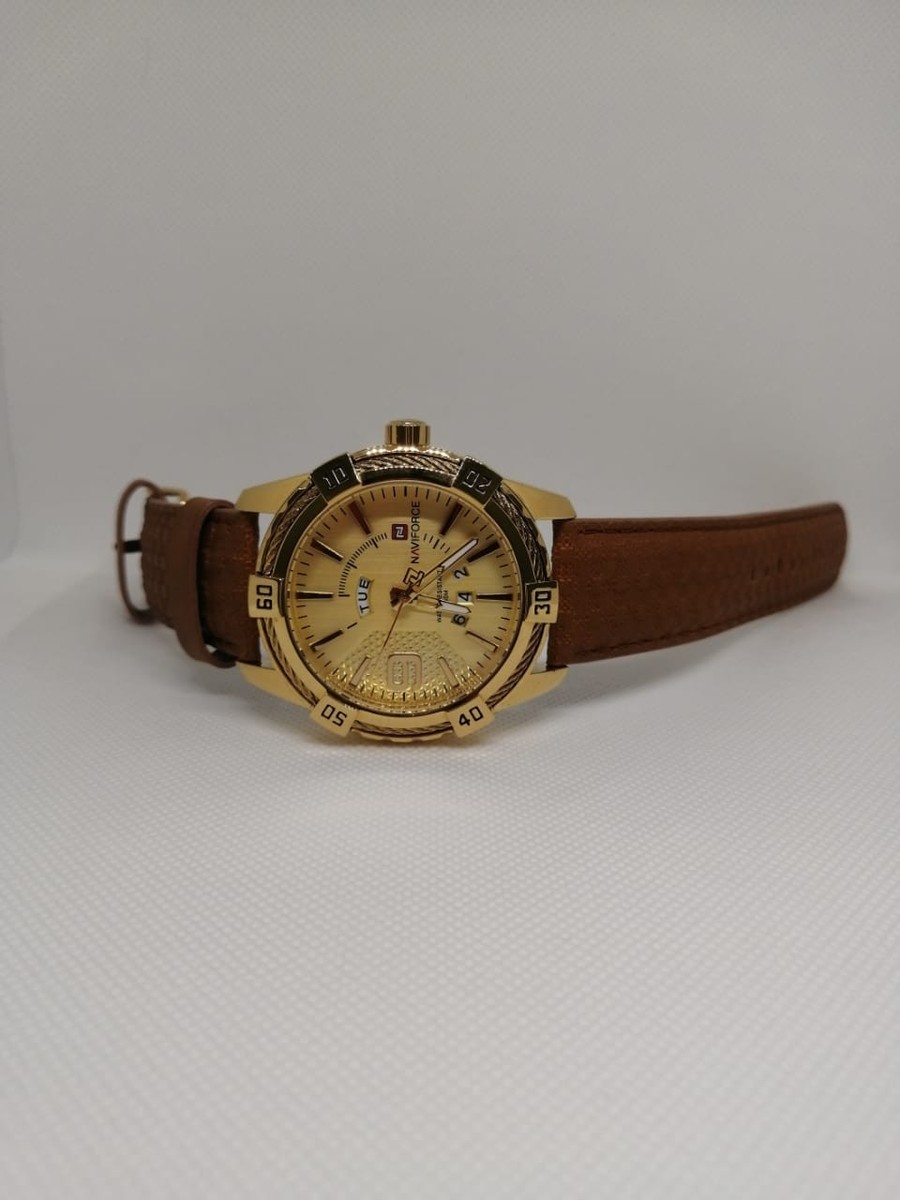 Naviforce men watch leather Fashion Watch for Men Gold