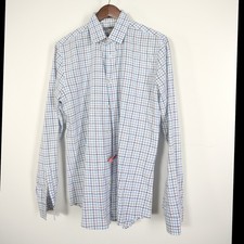 Express Men  s M. Fitted Blue/Beige Plaid Long Sleeve Classic Button Up Shirt