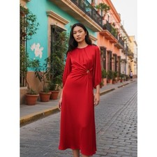 FARM Rio | Cutout Waist Midi Dress Long Sleeve | Red | Size M