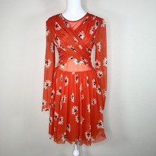 GANNI Big Apple Red Floral Long Sleeve Tilden Sheer Mesh Dress