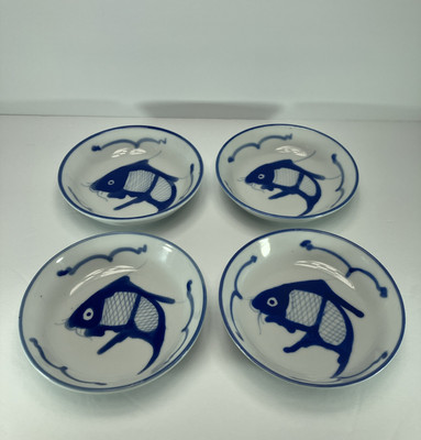Chinese Koi Fish Carp Blue & White Porcelain Dipping Dishes Set Of 4 3.5 x 7/8 