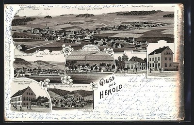 Lithographie Herold, Gasthof mit Wartesaal, Bahnhof, Uhlmann´s Restaurant 1904 