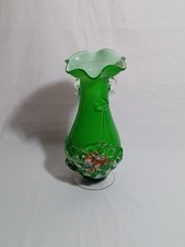 Hand Blown Green Glass Vase w/ White Interior
