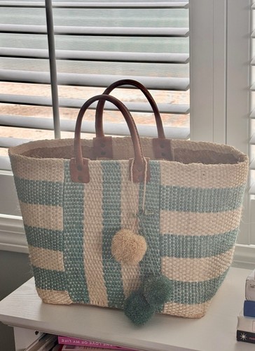 Mar Y Sol Handwoven Jute Tote Bag Beige/Green w Brown Leather Handles Pom-Pom