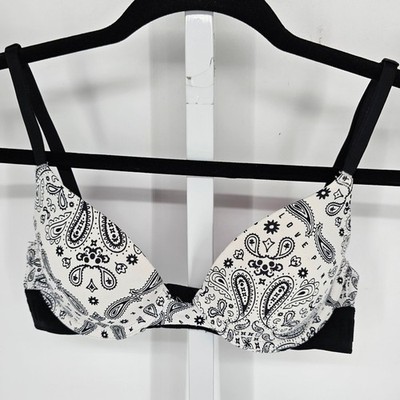 PINK Victorias Secret Sz 34B T Shirt Bra Black White Bandana Paisley Print