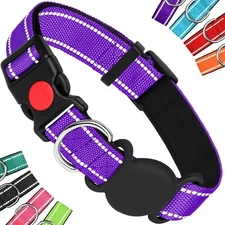 Dog Pet Adjustable Nylon Collar with  Water Proof Airtag Holder, Purple,S