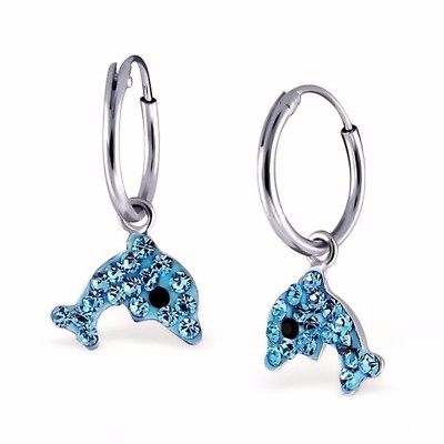 Blau Kristall Delphin Creolen 925 Sterling Silber Ohrringe Delfin Kinder 