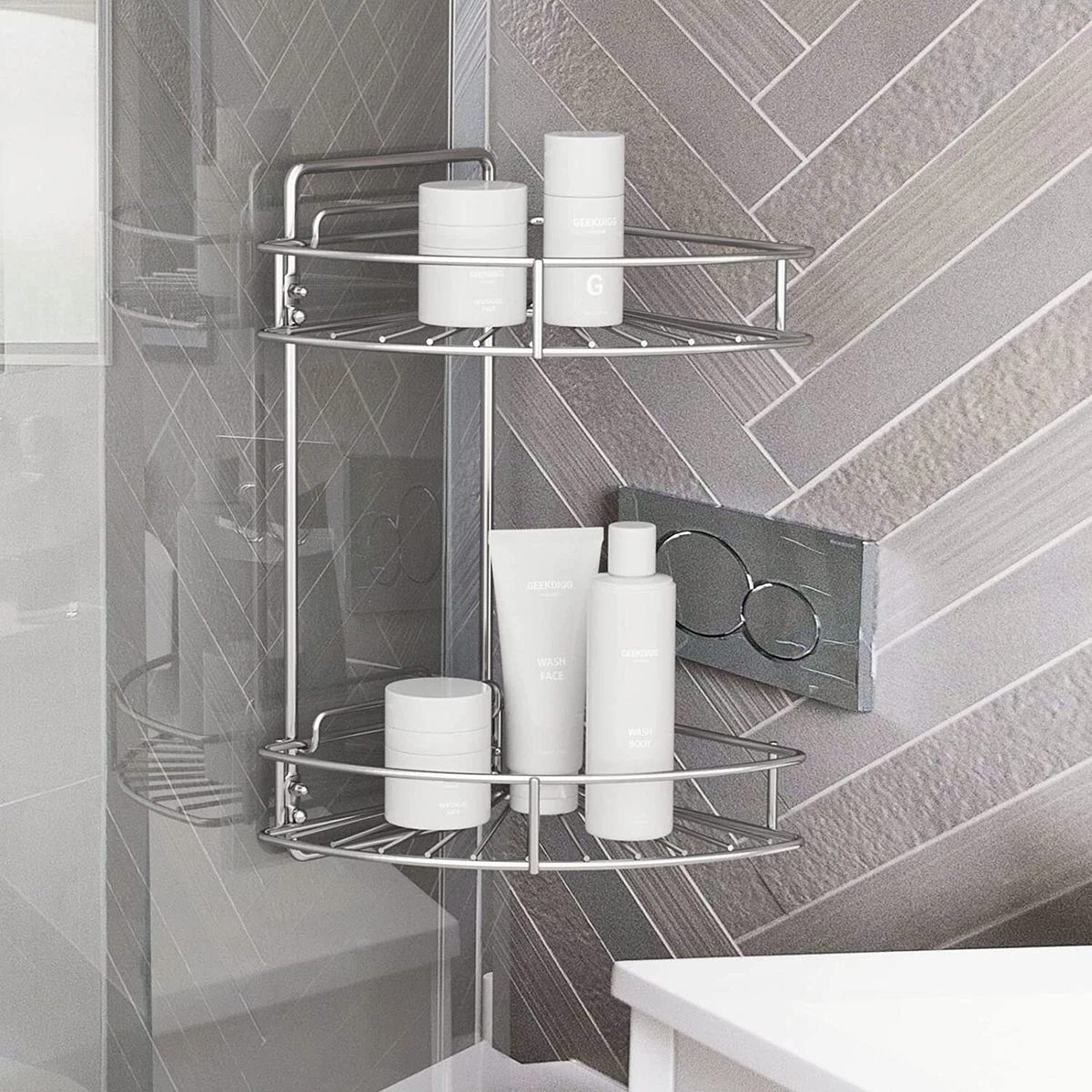 2-Tier Shower Shelves for Tile Walls Corner Shower Basket Silver NO  DRILLING