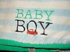 WOW Carter's BABY BOY Truck Car Green Blue White Striped Plush Crib blanket