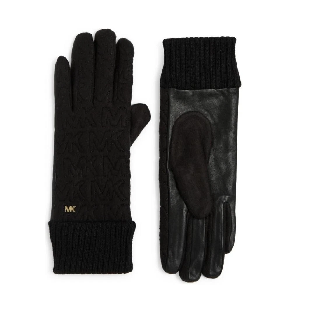 New Michael Kors Logo Womens Black Leather and Quilted Soft Knit Gloves Sz M