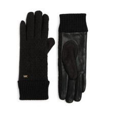 New Michael Kors Logo Womens Black Quilted Soft Knit and Leather Gloves Sz M
