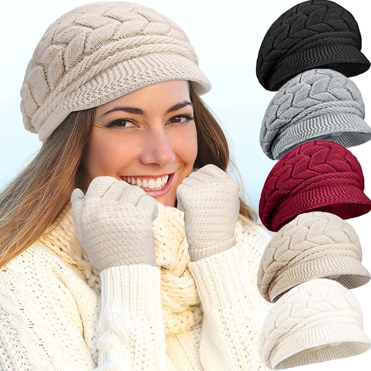 Women\'s 2 Piece Fleece Lined Snow Ski Caps Slouchy Winter Hat with Visor Winter Knit Beanie for Women Warm Fleece Lined Thick Hat  main image 2