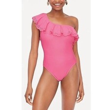 NWT J. Crew Pink Laser Cut Ruffle One Shoulder One Piece Swimsuit AO037