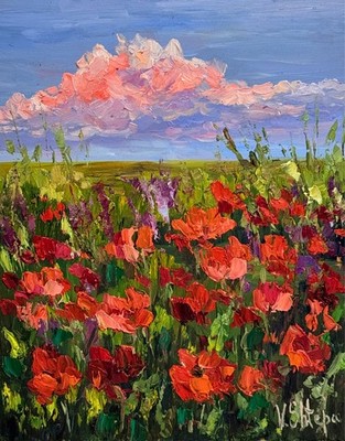 Original Red Poppy Field Oil Painting Landscape Wildflowers Impasto Art 8x10 in