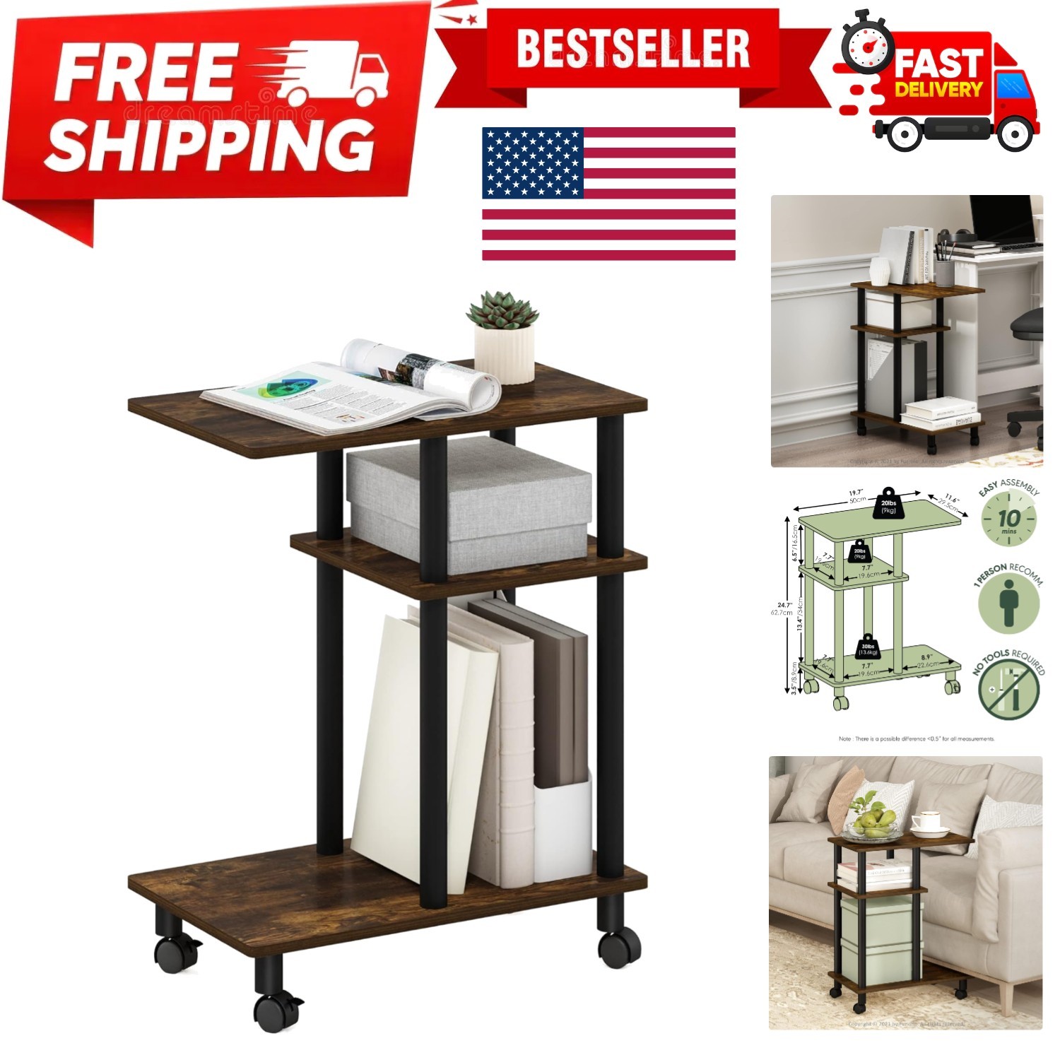 Turn-N-Tube C Shaped Side Table with Casters, Amber Pine/Black