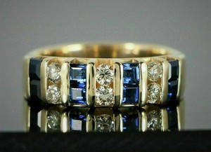 Authentic 1.50Ct Simulated Blue Sapphire & Round Diamond Band Ring 14K Yellow Gold Plated