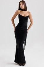 HOUSE OF CB 'Cassidy' Black Mesh Maxi Skirt with Fluted Hem M 10/12 5471