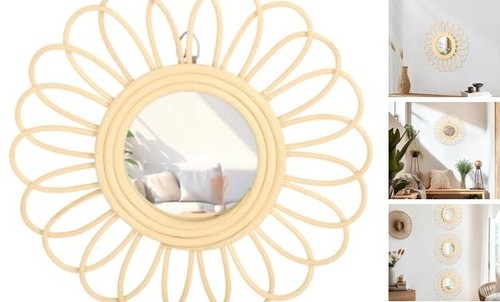 Wooden Round Decorative Mirror, Rattan Sunflower Circular Wall 12"x12" Natural