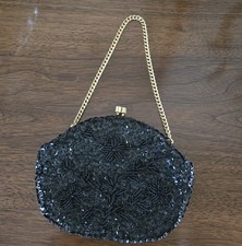 VINTAGE Black Sequin Seed Bead Evening Bag Satin Liner Gold Tone Chain Safco Bag