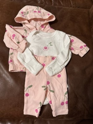 Baby Girl Clothes Carter's Newborn 3 pc Pink Cherry Hooded Outfit