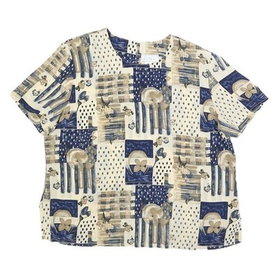 KATHY CHE Damen Creme & Blau Bedrucktes Top Kurz Arm Rundhals XL Bequeme