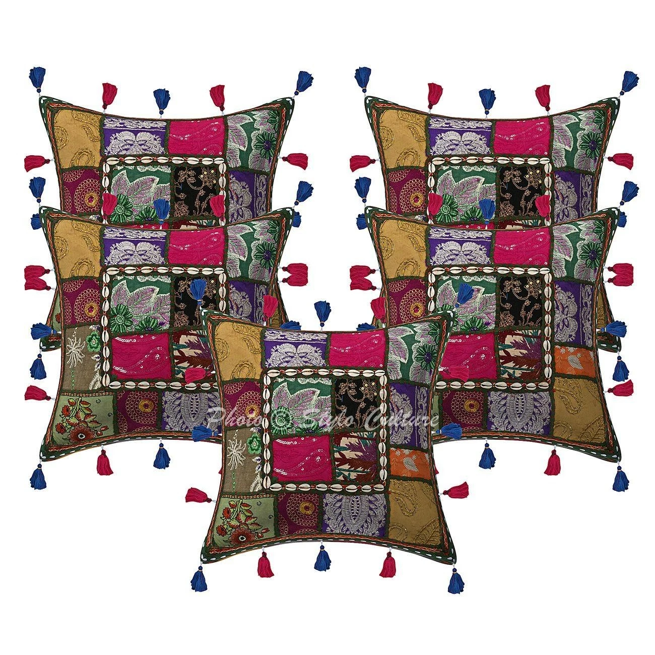 Ethnic Patchwork Cowry Tassels Throw Pillow Covers Cotton Green Floral 40x40 cm