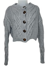 Free People Bonfire Cable Cardigan Large Gray Cropped Chunky Knit Cottagecore