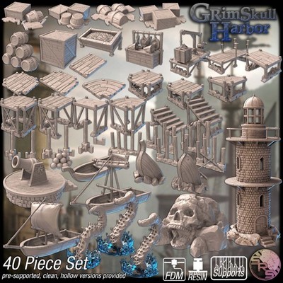 Hafen Dock Gelände Set - 3D gedruckte Fantasy RPG Landschaft für 28-32mm Spiele