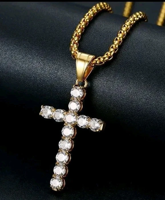 Collana Uomo Donna Croce Oro con Zirconi Brillanti Stile Urban Hip Hop 60cm - Immagine 2 di 2