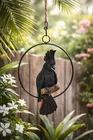 Black Cockatoo Hanging Garden Ornament Bird in 30cm Metal Ring