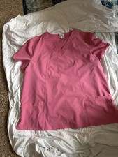 Pink Medical Veterinary Scrub V-Neck Top Patch Pockets With Accessory Loop