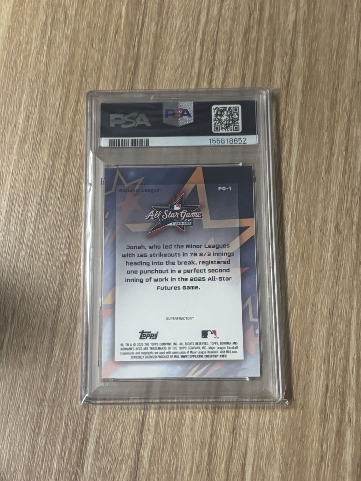 2025 Jonah Tong Bowman’s Best MLB All Star FTR. Game Superfractor 1/1 PSA 10 view 2
