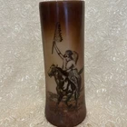 1900's Fostoria Art Decorated Milk Glass Vase Native American Horse Brown Bkgrd