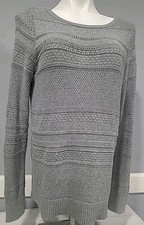 ANN TAYLOR LOFT CABLE KNIT SWEATER GRAY STRIPE ROUND NECK  L/S 100 COTTON Sz M