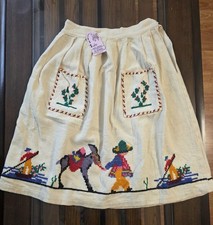 Vintage Hand Embroidered Folk Skirt Mexican Linen Peasant Scenic Sz S