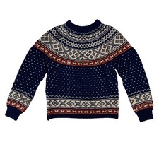 Vintage Fair Isle Nordic Wool Knit Sweater Navy Blue Red White Pullover Large