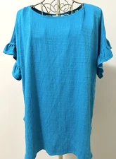 Max Studio Peasant Boho Knit Top Blouse Shirt Boho Solid Aqua Green Blue Plus 1X
