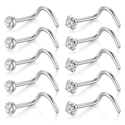 D.Bella Nose Rings 10Pcs 18G Screw Studs Surgical 2mm, Silver-E