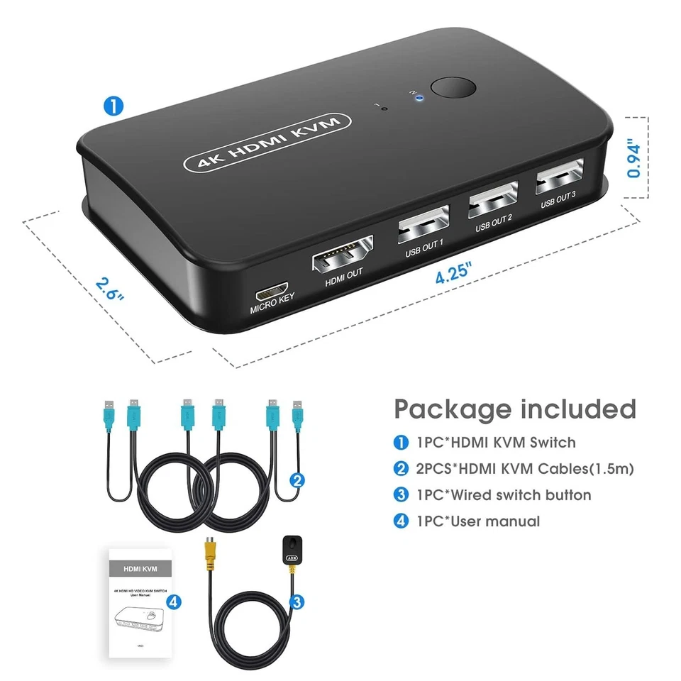 4K Switch HDMI 2 PC, 4K@30Hz, 3 USB 2.0 USB KVM Umschalter Monitor Maus Tastatur - Bild 3 von 4