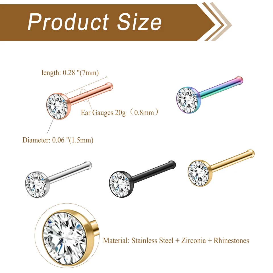 Flongo 20G 60 PIEZAS Acero Inoxidable Nariz Tachuelas Anillos Piercing Pin Conjunto de Joyería Corporal Foto 4 de 4