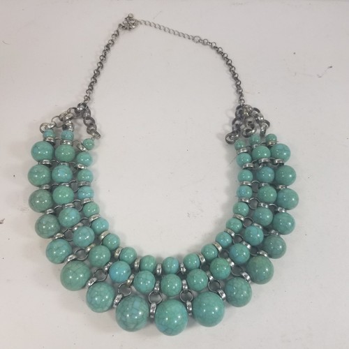 Silver Tone Multi Strand Southwest Necklace Faux Turquoise Beads Choker