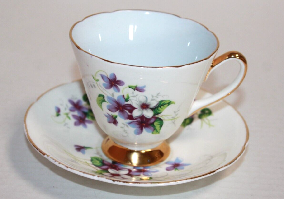 Vintage Royal Bone China Teacup and Saucer with Violet Floral Design